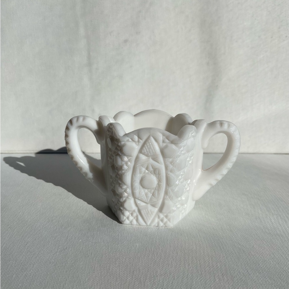 Milk Glass Rotec Pressed Patterned Stars and Cane Design Open Sugar Bowl